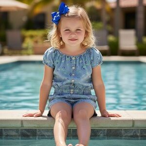 Guess Los Angeles Vintage Blue Floral Girls Romper Size 6 Purple Flowers